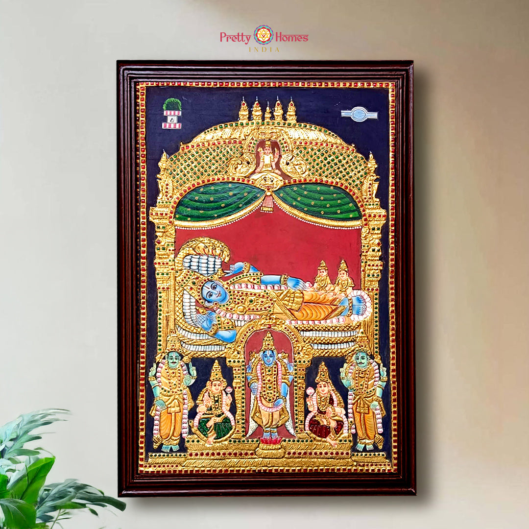 Resting Vishnu Anantashayana Tanjore painting with 22 carat gold and teak wood frame