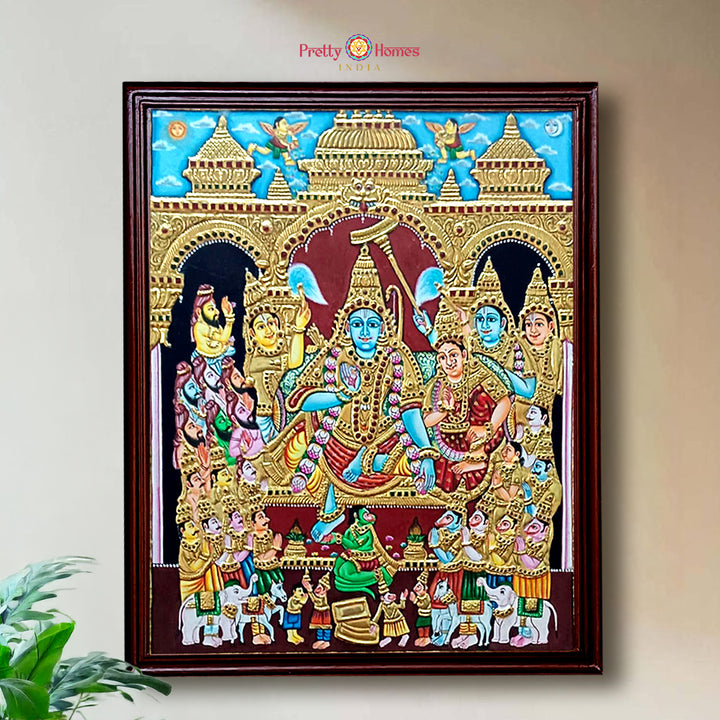 Rectangular Antique Ram Darbar Tanjore painting with teak wood frame