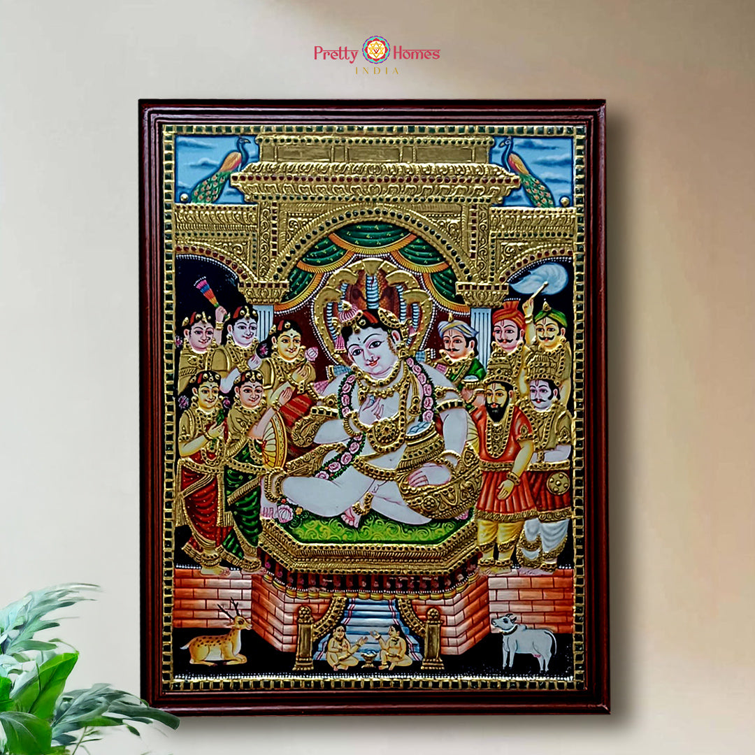 Butter Krishna with Gopis Tanjore painting with 22 carat gold and teakwood frame