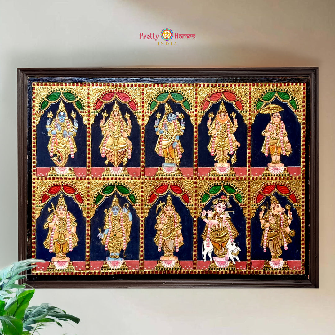 Lord Vishnu Dashavatar Tanjore painting with 22 carat gold and teakwood frame