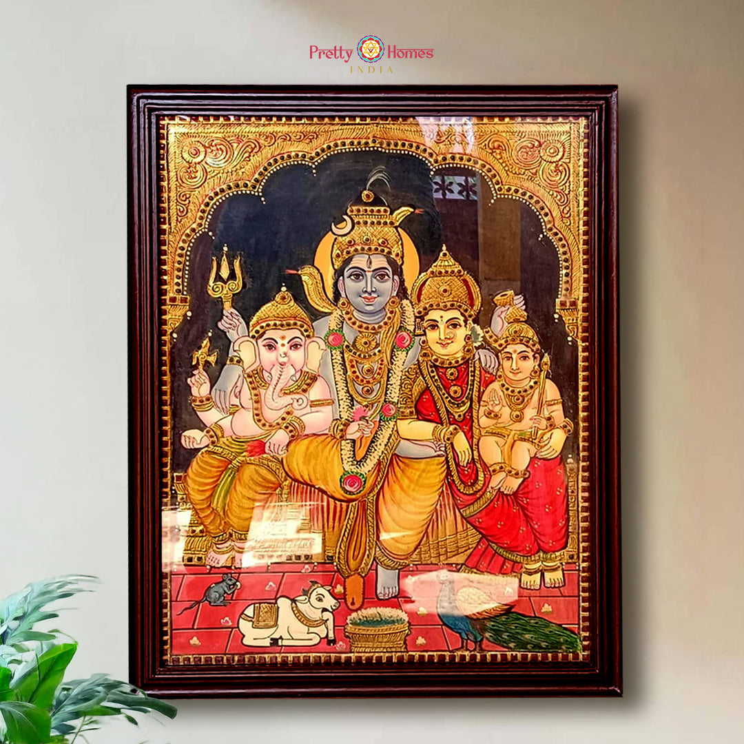 Antique Shiva Parivar Tanjore painting with 22 carat gold and teak wood frame