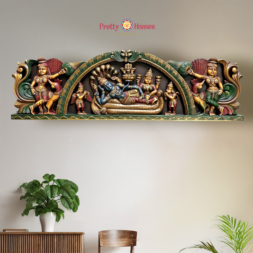 resting vishnu wooden wall panel with lakshmi garuda hanuman
