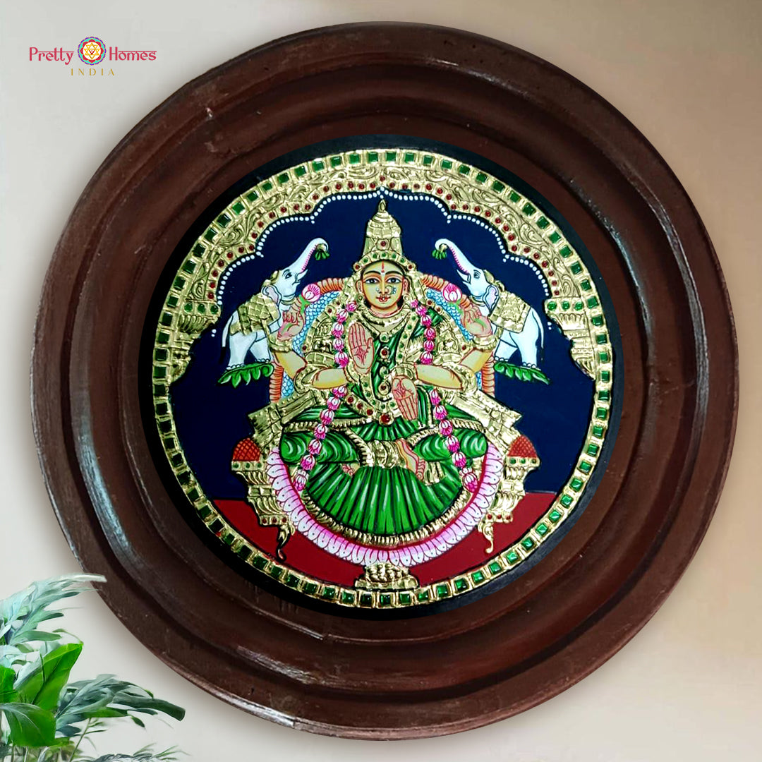 Round Hand-Painted Tanjore Art Divine Gajalaxmi Teakwood Frame