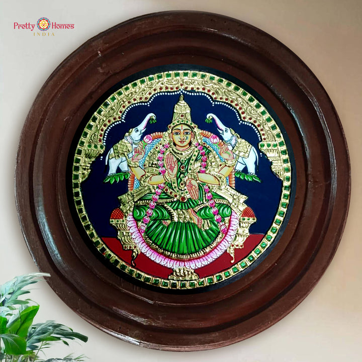 Round Hand-Painted Tanjore Art Divine Gajalaxmi Teakwood Frame