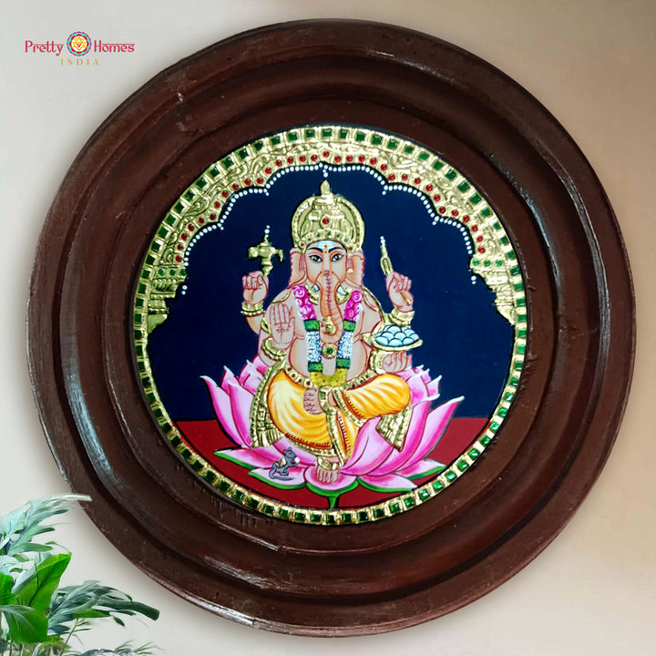 Divine Lord Ganesha Round Hand-Painted Tanjore Painting Teakwood Frame