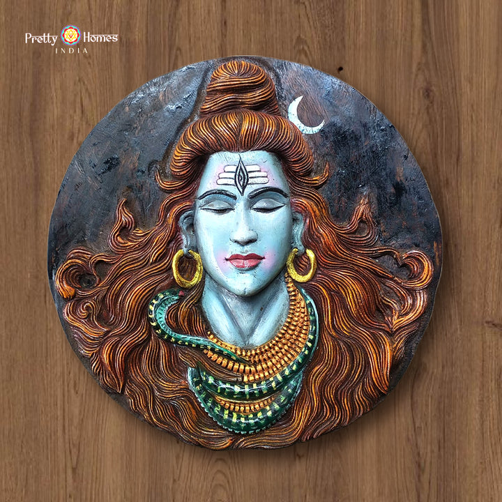 Round hand-carved Lord Shiva meditation wall frame