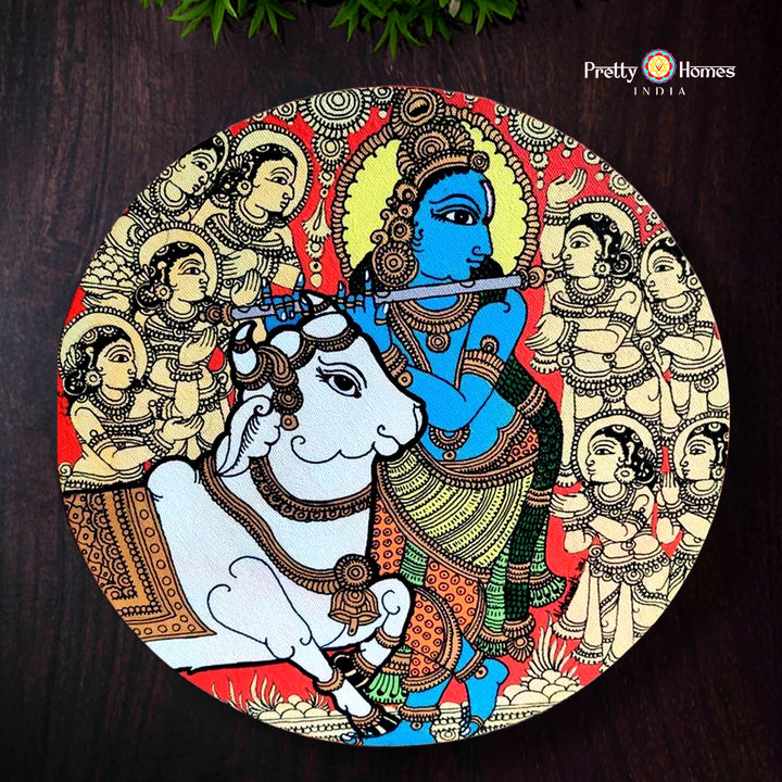 Round hand-painted flute Krishna wall panel with Nandi motif in traditional style