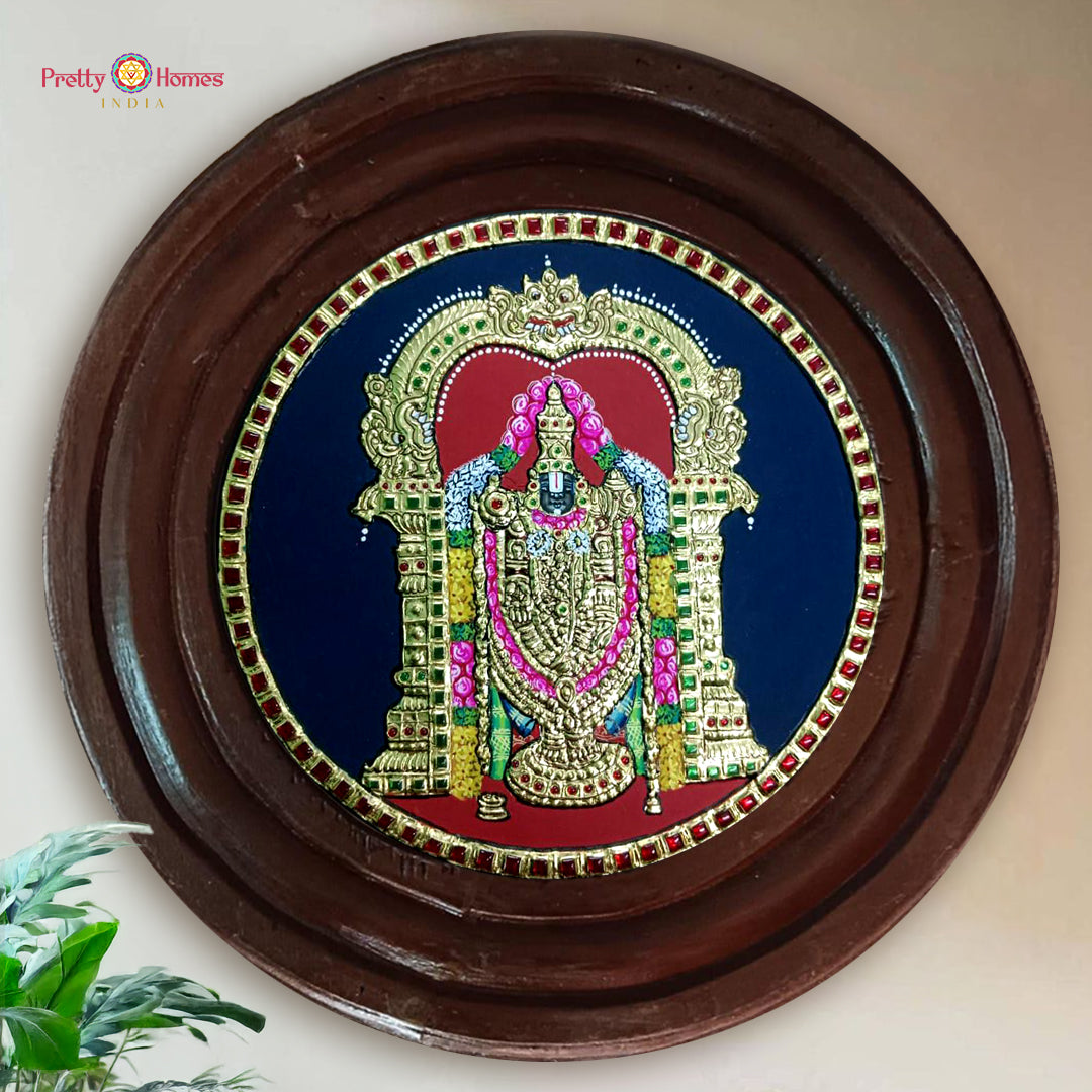 Round Hand-Painted Tanjore Art Divine Tirupati Balaji Teakwood Frame