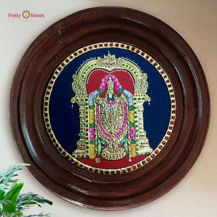 Round Hand-Painted Tanjore Art Divine Tirupati Balaji Teakwood Frame