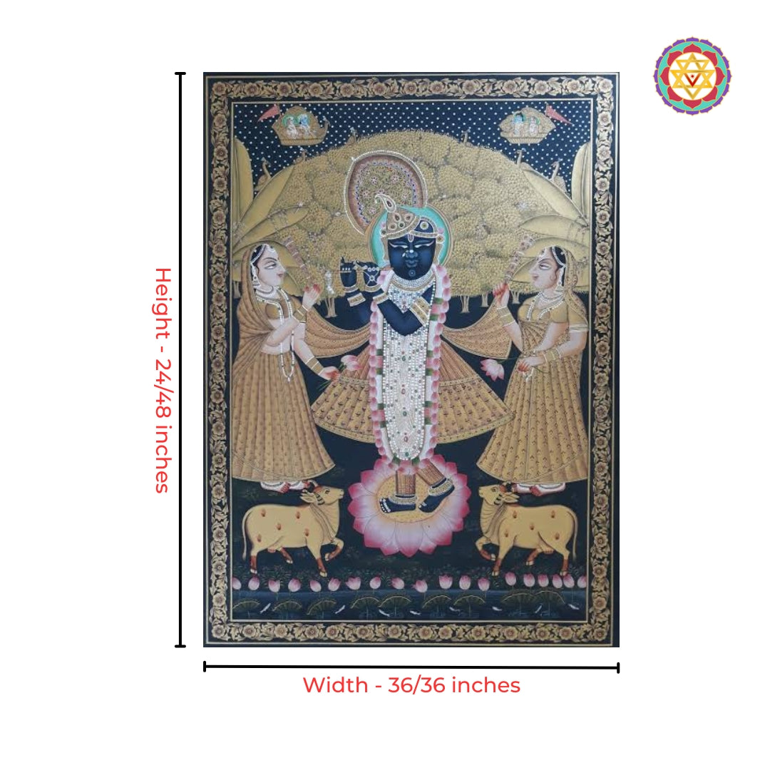 Close-up detailing of Shrinathji darshan artwork in antique gold and blue tones