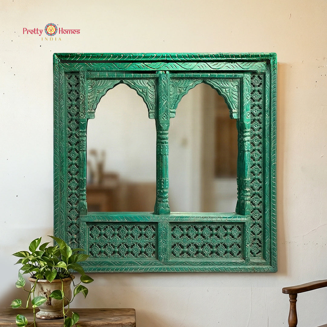 A horizontal hand-carved arched wooden Jharokha featuring dual mirrors in a rich antique finish.