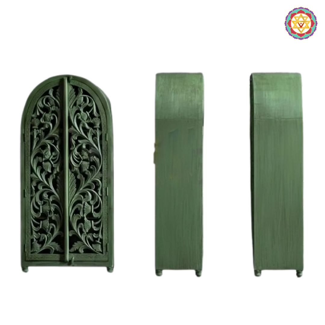 Detailed hand-carved boho-style utility cupboard showcasing an elegant arched silhouette.