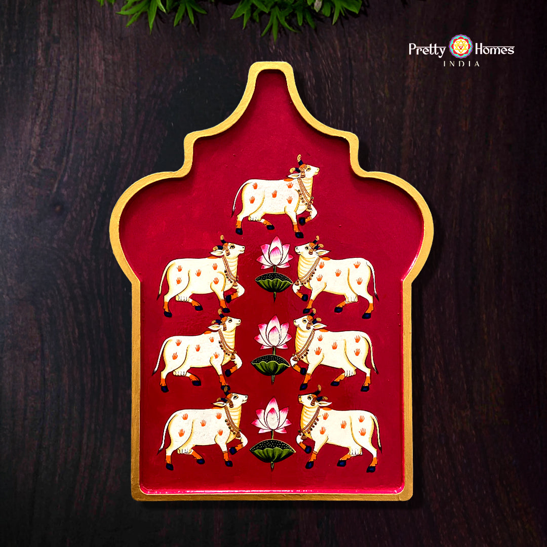 Arabesque pichwai hand-painted cow and lotus wooden wall plate with heritage style