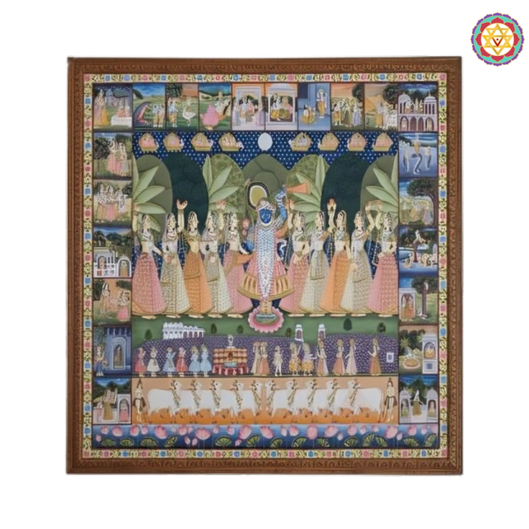 Traditional Pichwai painting with Shrinathji and Leelas border