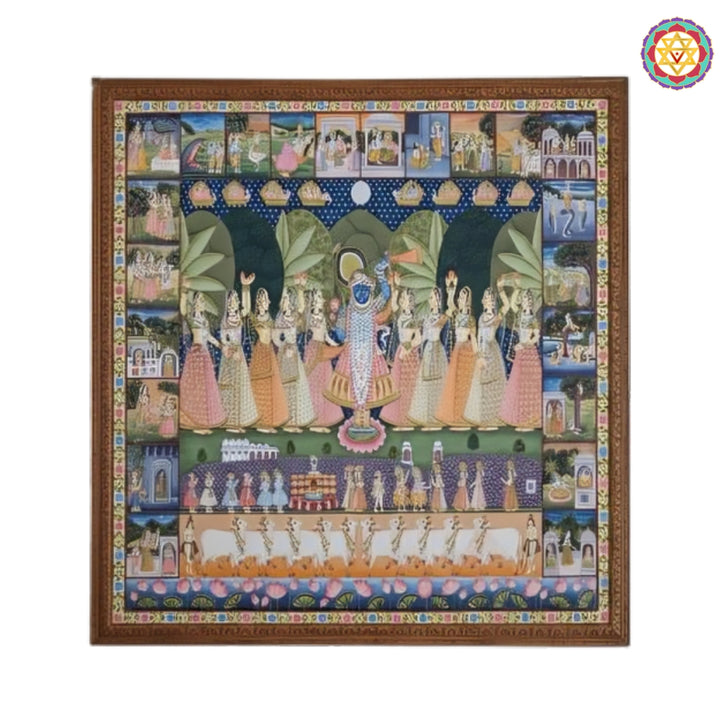 Traditional Pichwai painting with Shrinathji and Leelas border