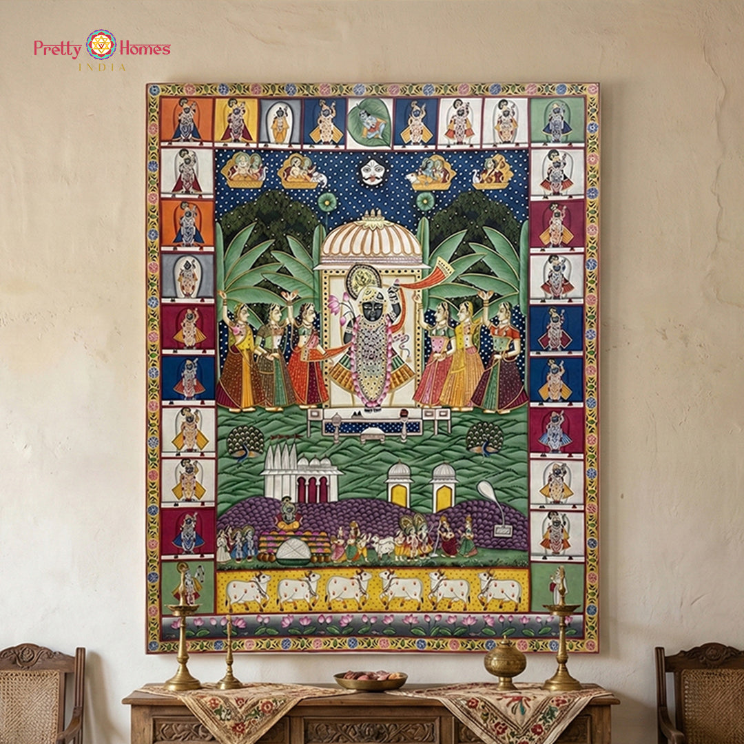 Large hand-painted Sharad Swaroop pichwai artwork with rich devotional detailing