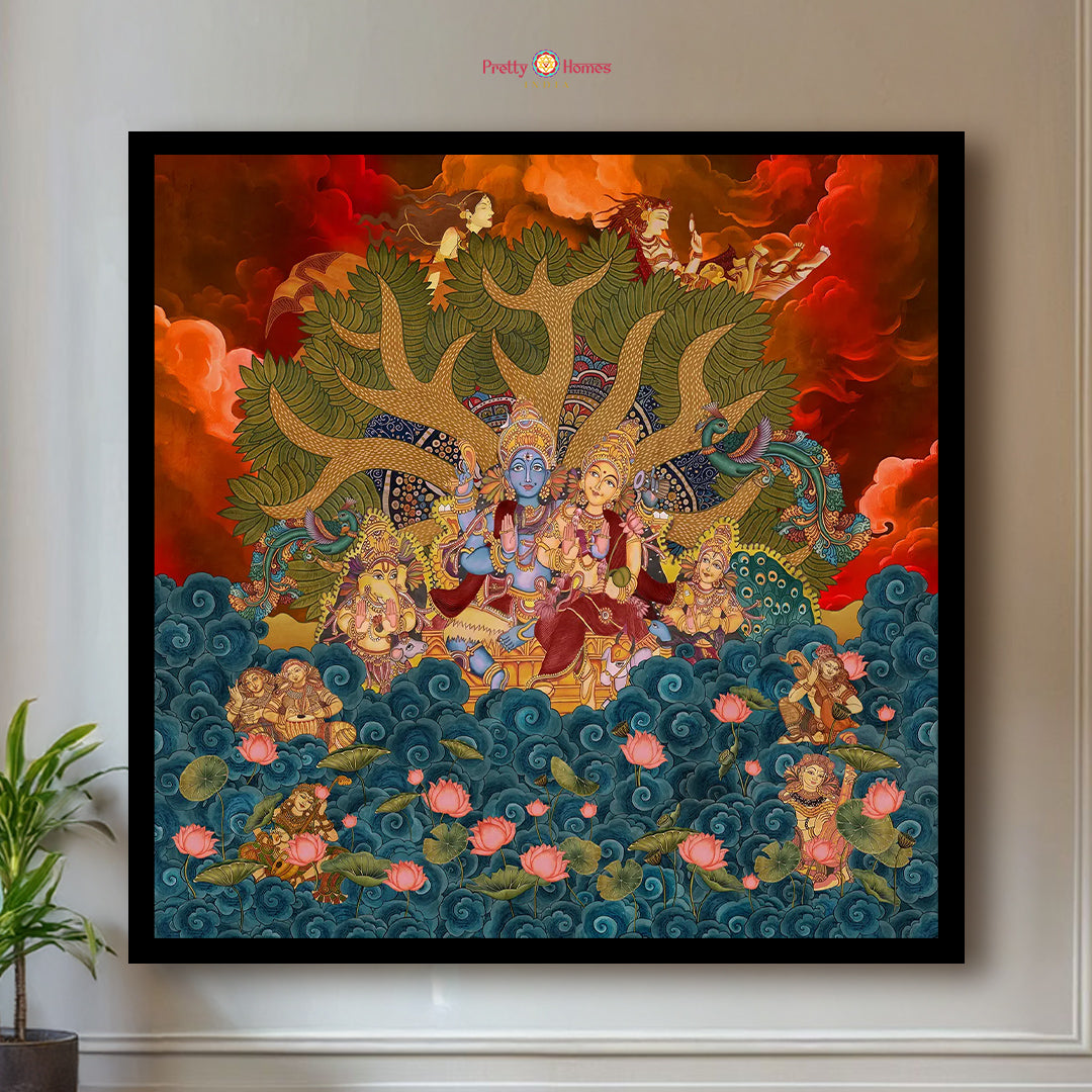 handpainted pichwai wall art shiv parivar with lotus design