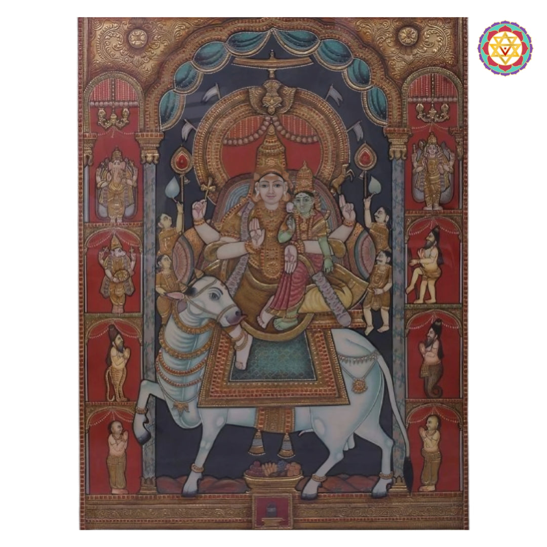 Traditional spiritual artwork featuring Nandi, Ganesha, Murugan