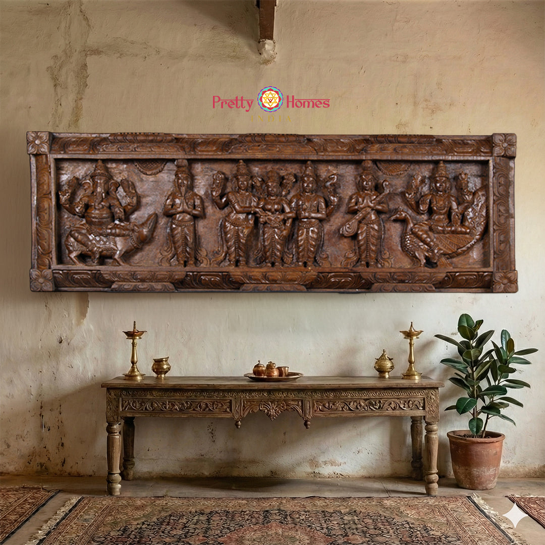 Horizontal Shiva Parvati wedding carved wooden panel with Vishnu Murugan and Ganesha motifs