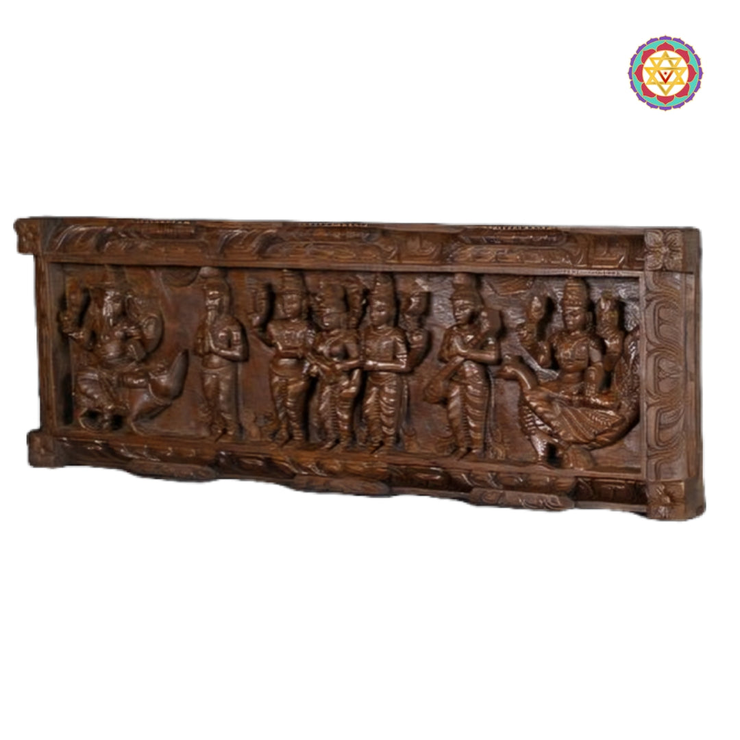 Temple style Shiva Parvati marriage scene wooden carving for auspicious wall decor