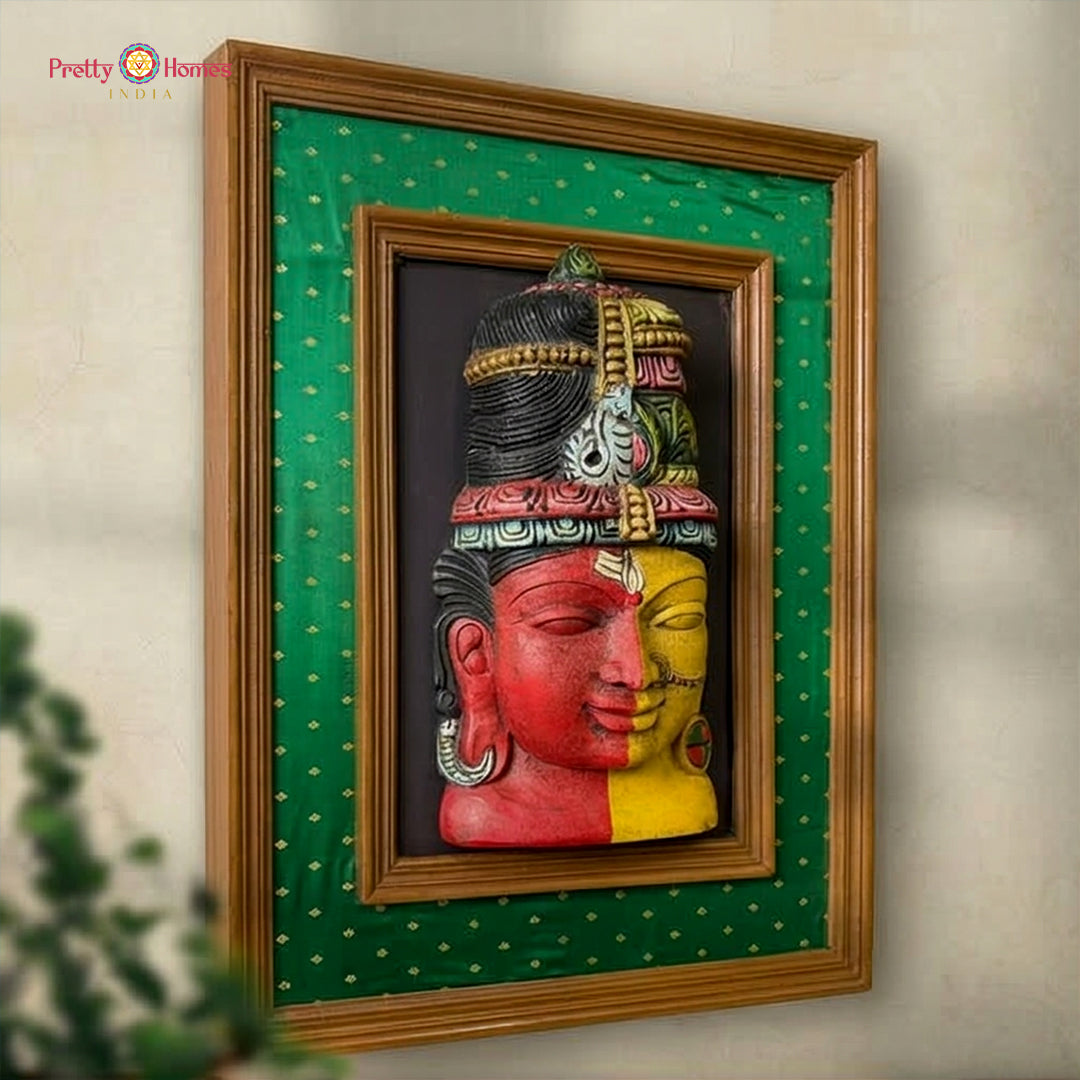 wood carved wall decor ardhanarishvara dual face design