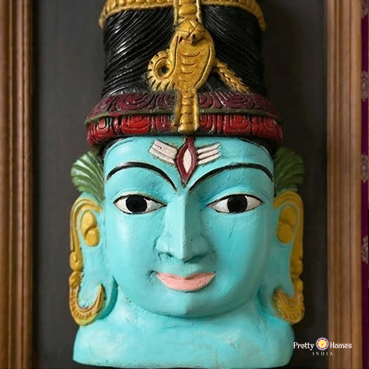 shiva wall decor wooden carved face with silk backdrop