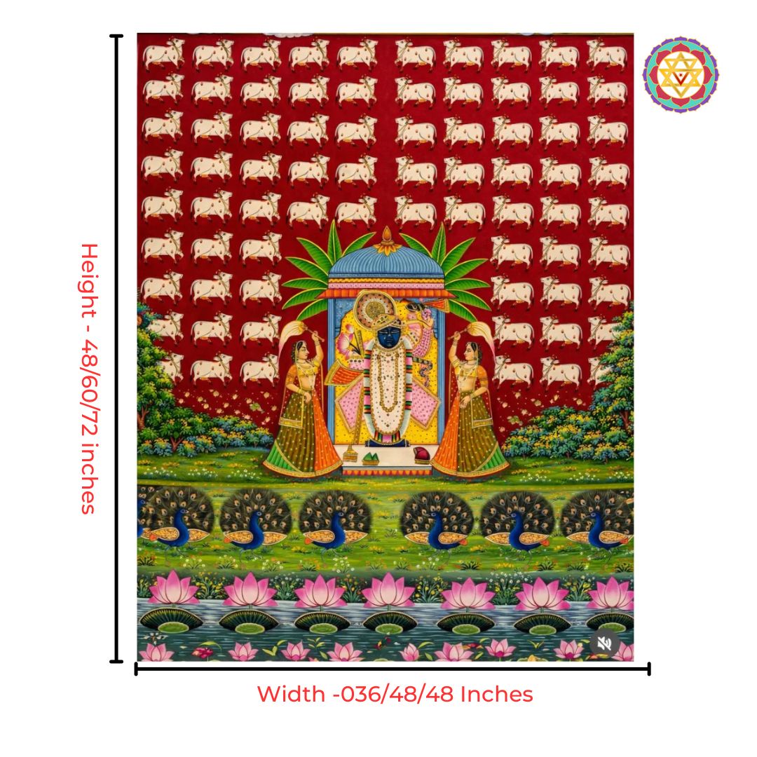Shrinathji Pichwai art with detailed Gopikas and nature elements on red backdrop
