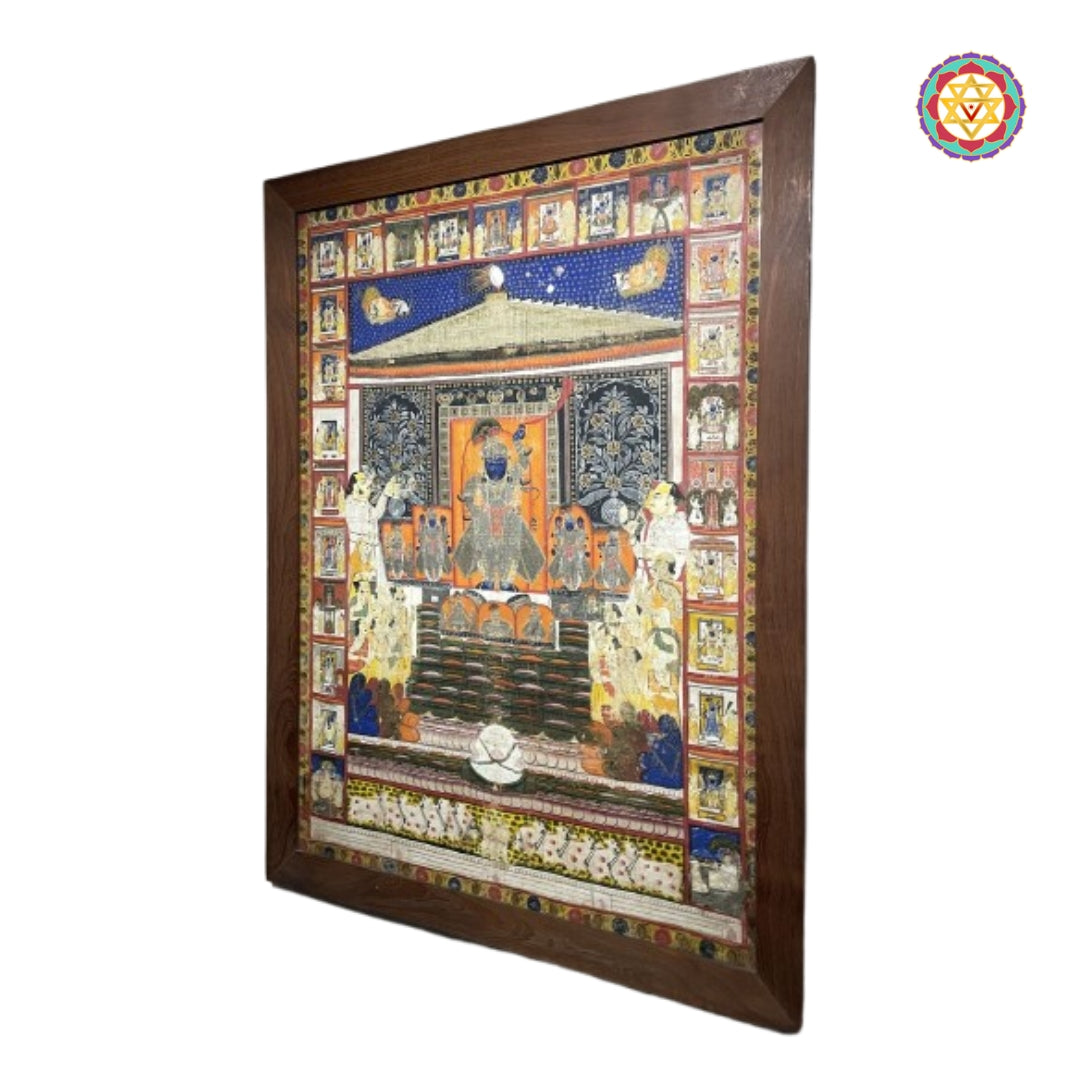 Close-up detailing of Shrinathji daan leela antique pichwai artwork