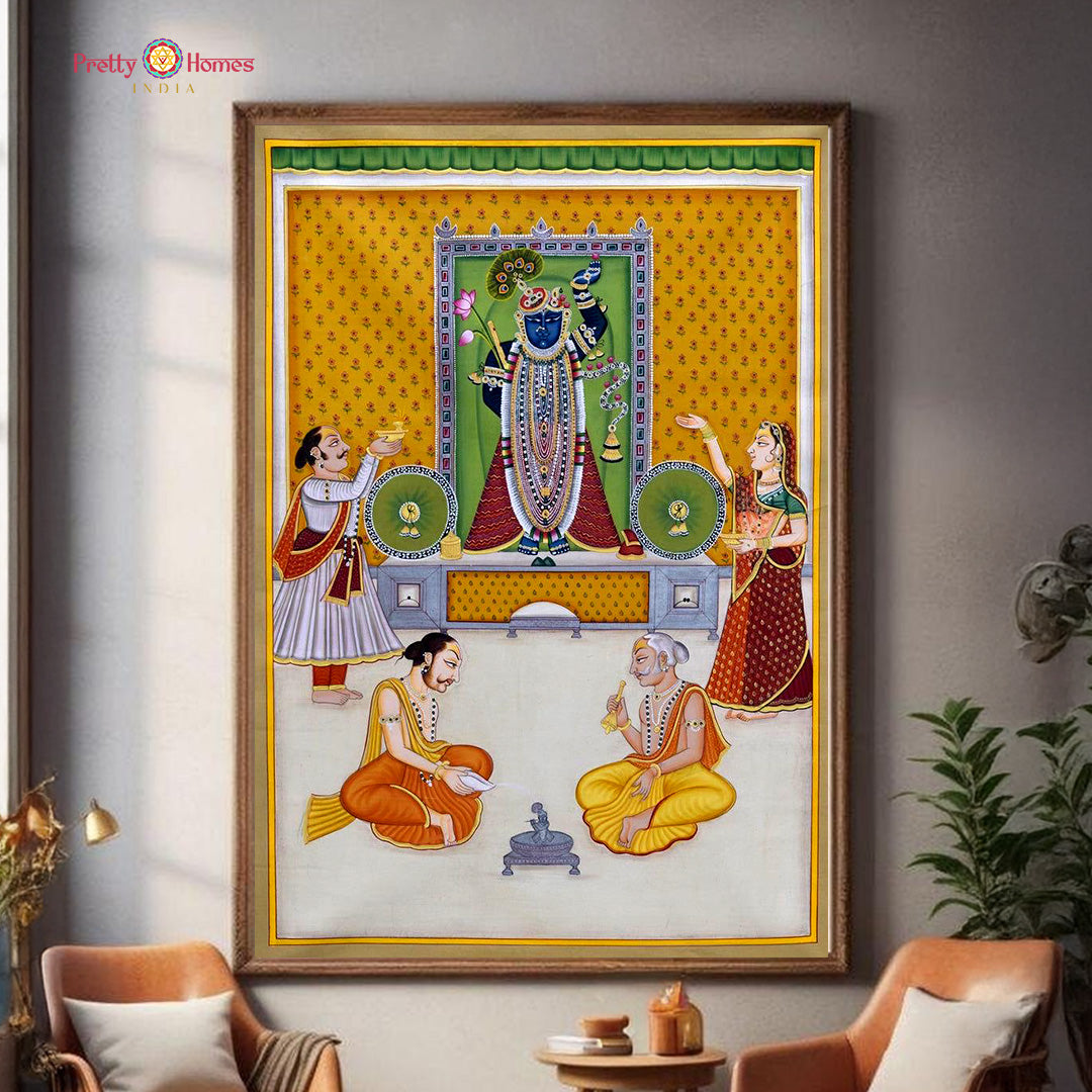 Handpainted Shrinathji Darshan Pichwai painting with devotees