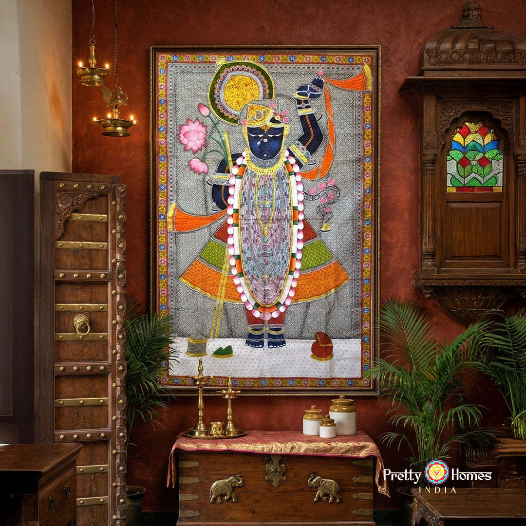 Traditional handpainted Shrinathji Darshan Pichwai painting for pooja room devotional wall art