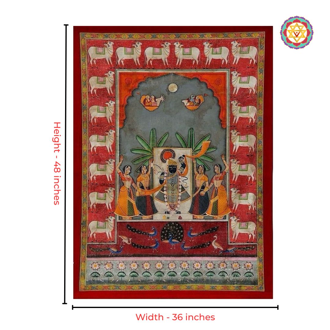 Close-up detailing of antique Shrinathji pichwai artwork with traditional motifs