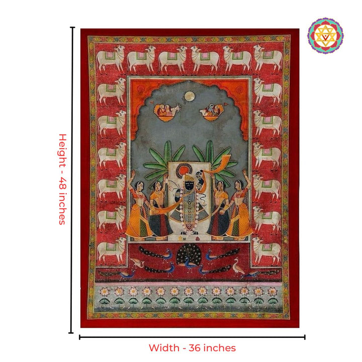 Close-up detailing of antique Shrinathji pichwai artwork with traditional motifs
