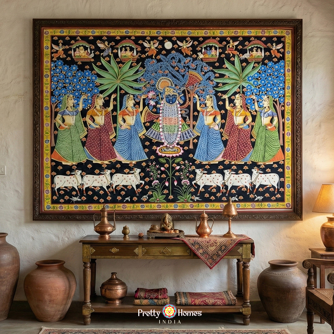 Shrinathji pichwai painting with gopikas in a floral forest setting
