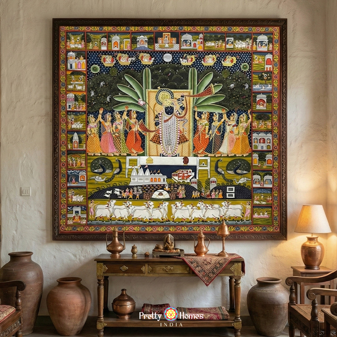 Close-up forest and floral heritage detailing in Shrinathji pichwai art