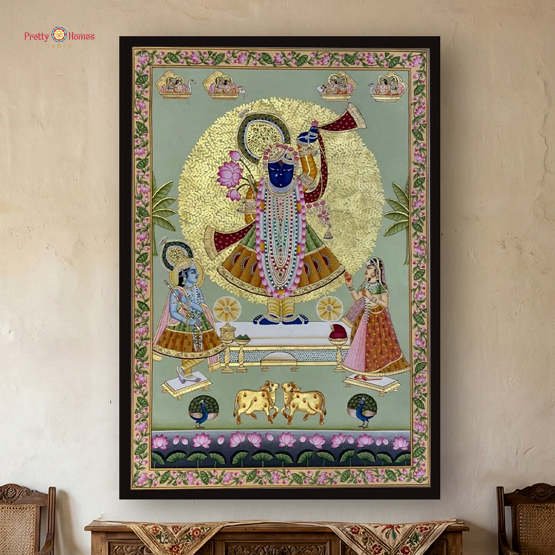 Handpainted Shrinathji pichwai artwork under the golden Kadamb tree