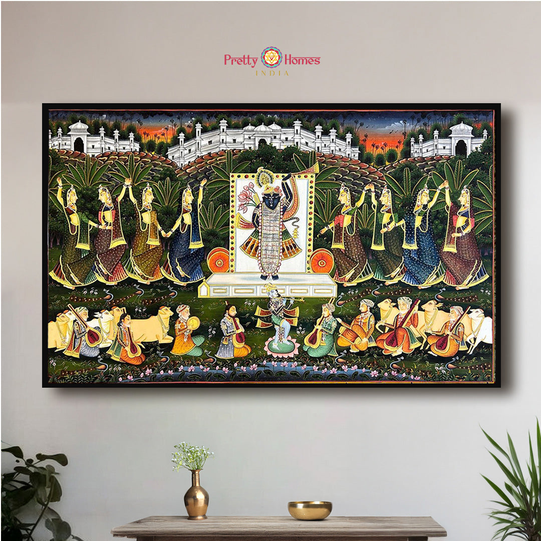 Close-up view of Shrinathji mural-style pichwai painting with intricate detailing
