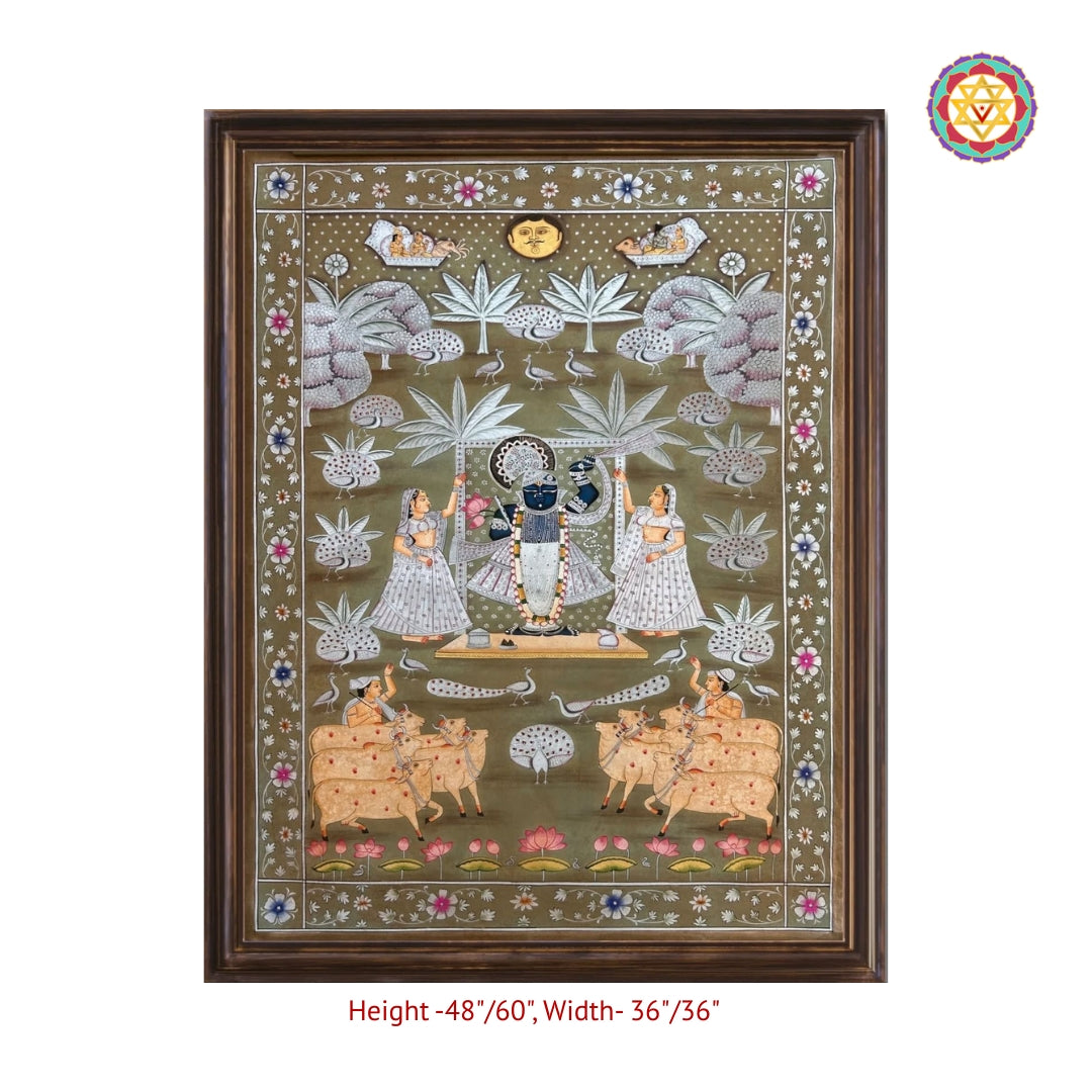 Close-up view of Shrinathji Darshan scene with cows and gopikas in vintage Pichwai artwork