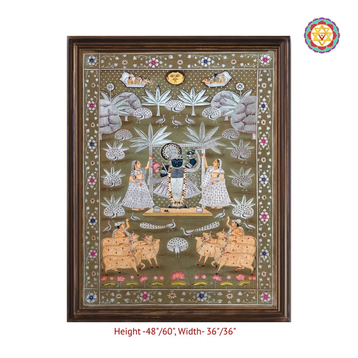 Close-up view of Shrinathji Darshan scene with cows and gopikas in vintage Pichwai artwork