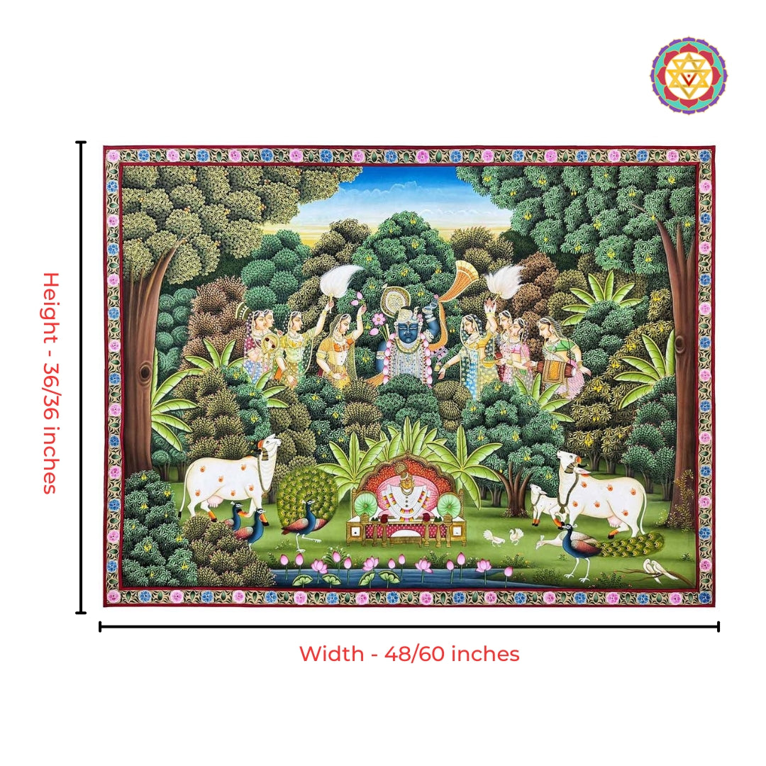 Detailed heritage brushwork of Shrinathji forest leela horizontal pichwai art