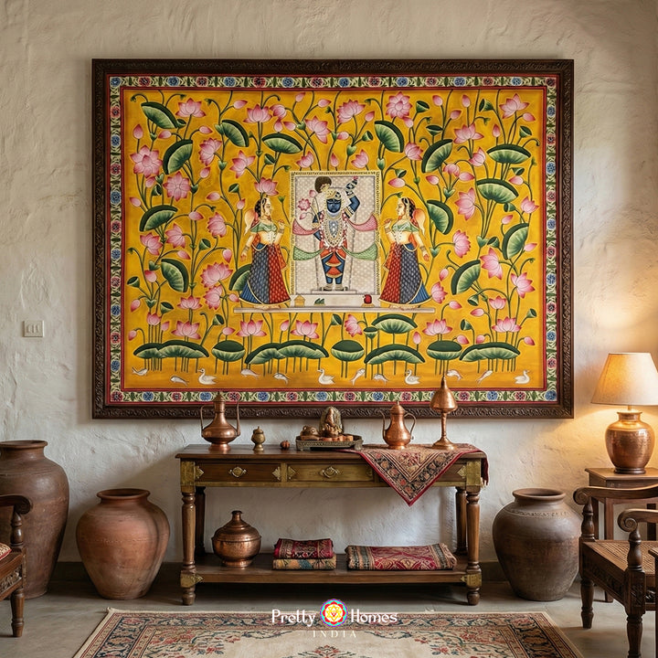 Shrinathji pichwai painting surrounded by gopikas in an ornate lotus pond