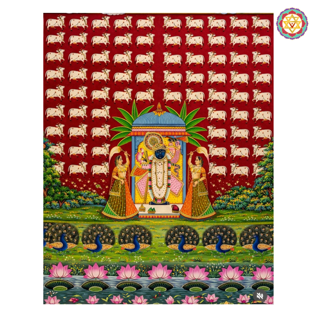 Vibrant red Nathdwara-style Pichwai with cows and peacocks