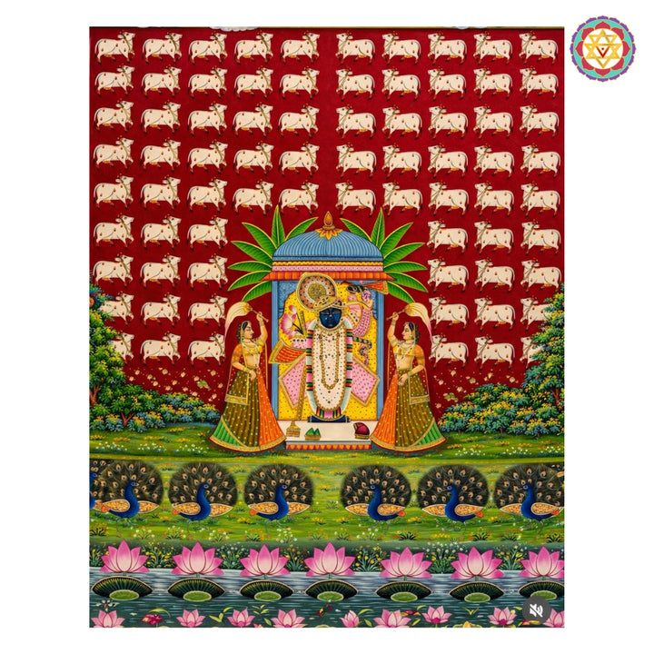 Vibrant red Nathdwara-style Pichwai with cows and peacocks