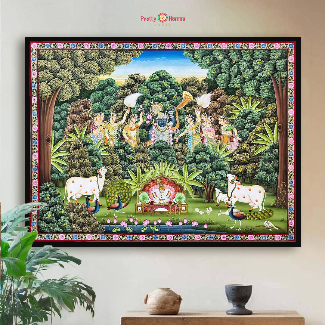 Horizontal handpainted Shrinathji forest leela pichwai artwork with devotional theme