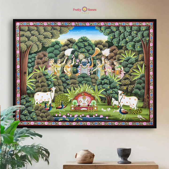 Horizontal handpainted Shrinathji forest leela pichwai artwork with devotional theme