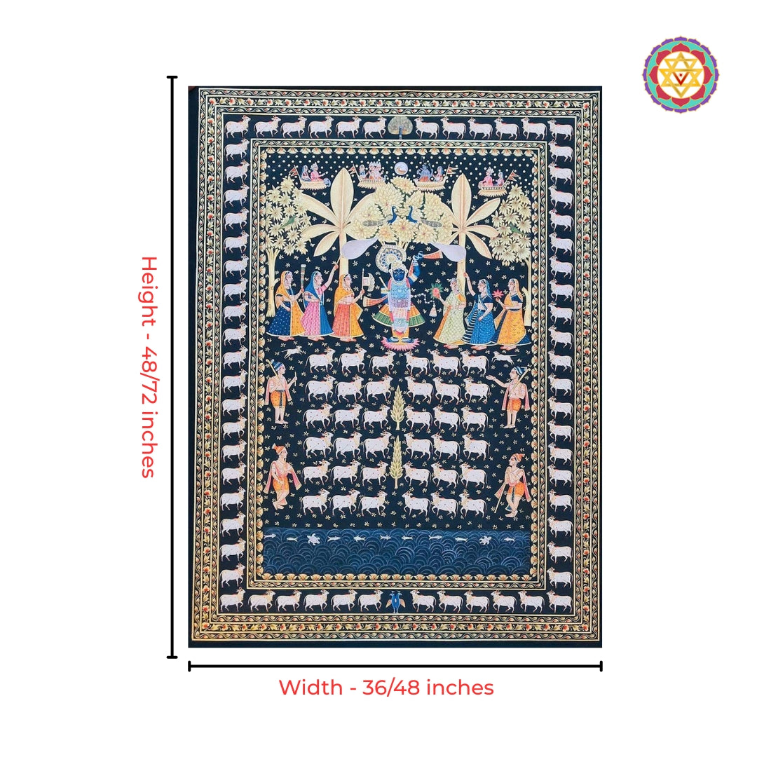 Shrinathji Pichwai with gopikas and sacred cows