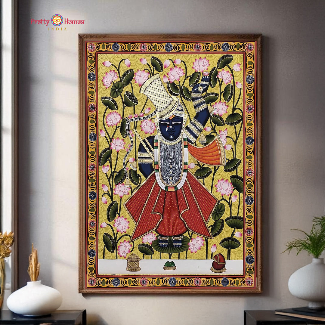 Handpainted Shrinathji Pichwai with lotus artwork
