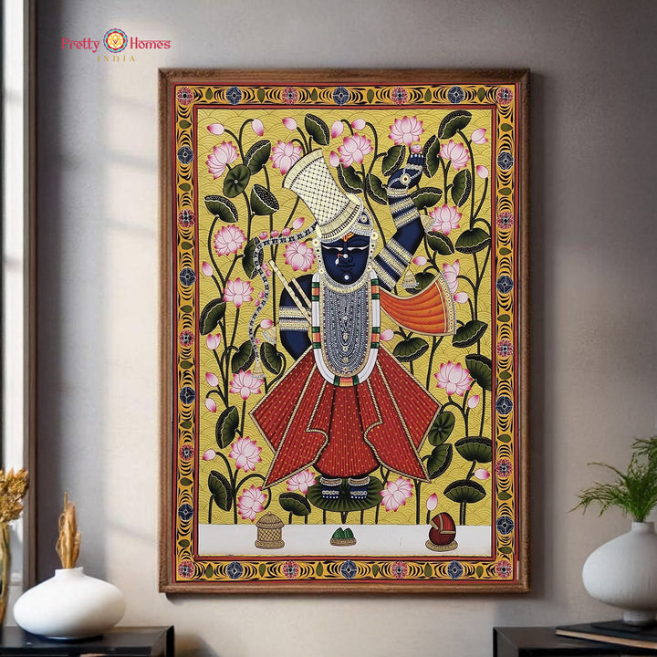 Handpainted Shrinathji Pichwai with lotus artwork