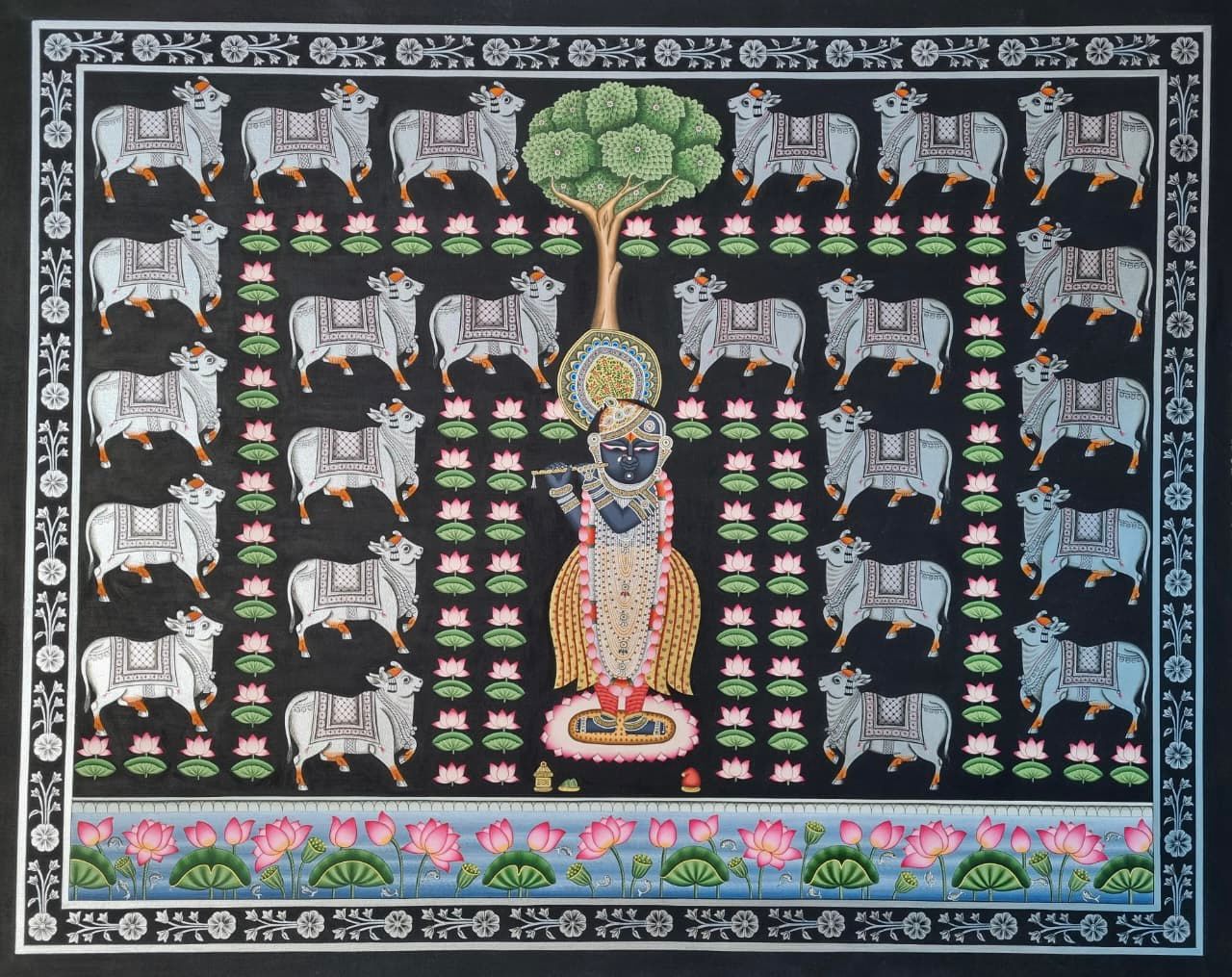 Shrinathji Pichwai painting with sacred cows and lotus motifs