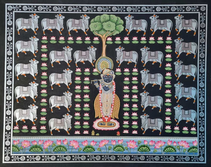 Shrinathji Pichwai painting with sacred cows and lotus motifs