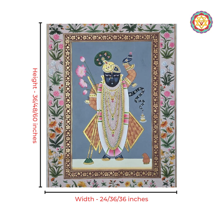 Intricate Shrinathji Pichwai painting with floral border